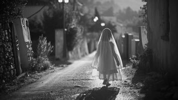 Preto e branco foto do uma criança dentro uma branco véu caminhando baixa uma Vila rua. menina dentro uma fantasma traje para dia das Bruxas. conceito do infância, mistério, solidão, tranqüilidade, celebração