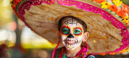jovem Garoto dentro dia do a morto Maquiagem vestindo uma ampla sombrero com colorida floral padrões. mexicano criança com festivo face pintar. conceito do cultural celebração, tradição, dia das Bruxas foto