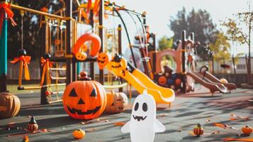 com tema de halloween Parque infantil decorado com abóboras e fantasma figura. conceito do festivo decorações, crianças jogar área, assustador temporada, outono celebração foto