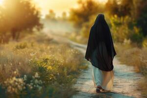 muçulmano mulher caminhando sozinho procurando para a certo caminho conceptual imagem foto