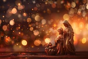 de madeira natividade conjunto com piedosos família e bebê Jesus. foto