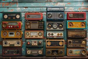 fechar acima do colorida vintage rádios em uma parede foto