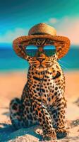 leopardo dentro oculos de sol e chapéu em a de praia perto a mar, olhando às a Câmera. verão período de férias de a mar foto