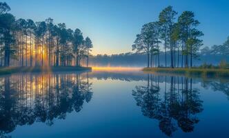 lindo tranquilo lago reflete a árvores e céu às nascer do sol. uma sereno manhã cena às a pântanos foto