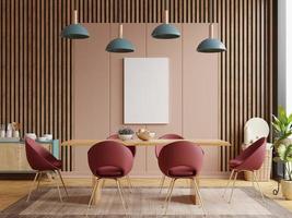 mock up poster no design de interiores de sala de jantar moderna com parede vazia marrom.
