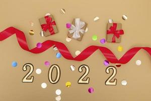 ano novo 2022. vista superior maquete de ano novo em fita vermelha de fundo bege, caixa de presente, números dourados e brilhos multicoloridos. layout de cartões postais, convites. foto