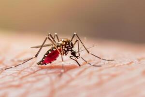 dengue hemorrágico febre, Aedes mosquito sucção humano sangue em pele. foto