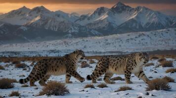neve leopardos caminhando através uma Nevado campo foto