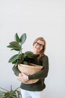 mulher jovem e atraente em um interior claro e arejado segurando uma planta de ficus foto