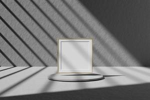 pôster quadrado de madeira ou maquete de moldura de foto no topo do pódio com a sombra da janela. Renderização 3D.