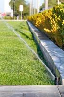 sistema automático de irrigação por aspersão para gramado verde em operação.
