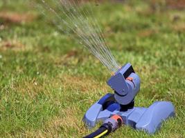 Aspersor de irrigação oscilante do gramado ao meio-dia close-up