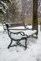 banco de parque e árvores cobertas por neve pesada. foto