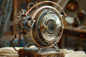 detalhado steampunk Tempo máquina com intrincado mecânico Projeto e vintage estética foto