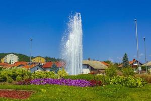 fonte e jardins com flores na rotatória na eslovênia. foto