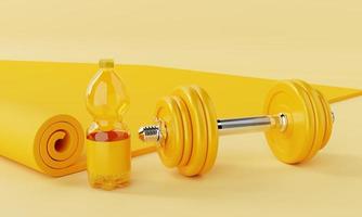 fitness esporte definido com tapete de ioga, garrafa de água potável e halteres em fundo amarelo pastel. conceito de fitness e esporte. monocolor. Renderização de ilustração 3D foto