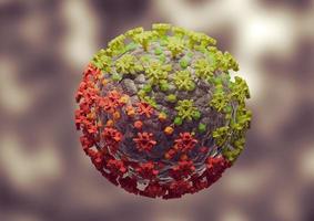 mutação de coronavírus. nova variante e cepa de sars cov 2. visão microscópica foto