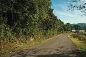 bucólica paisagem rural com estrada de asfalto passando por colina e floresta em um dia nublado perto de bento goncalves. uma simpática cidade do sul do brasil famosa por sua produção de vinho. foto