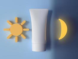 Esprema tubos para aplicação de cremes ou cosméticos sobre um fundo azul com o sol e a lua. foto