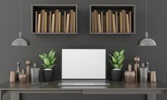 sala de escritório com laptop sobre a mesa, estilo 3d. foto