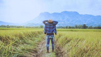 homem asiático viajar relaxar no feriado. ficar campo de montanha de toque natural. Tailândia foto