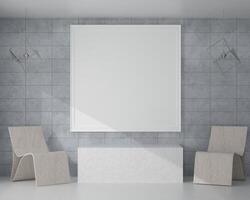 Sala de estar 3D e cadeira com moldura em branco foto