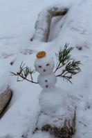 boneco de neve pequeno com mãos de galho de pinheiro foto