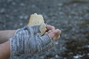 um pedaço de pão de centeio nas mãos de um sem-teto de luvas. pobreza, desemprego, fome.