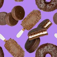 padrão sem emenda de donuts, biscoitos e sorvete em um fundo lilás. foto