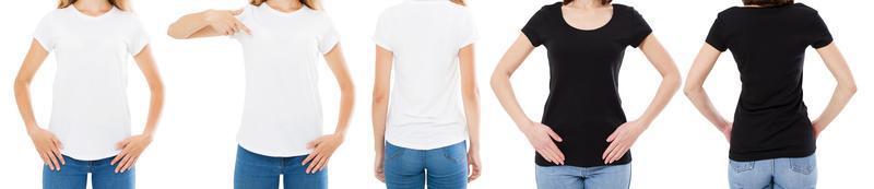 mulher em t-shirt branco e preto isoladas vistas frontal e traseira recortada imagem em branco opções de t-shirt, menina em conjunto de tshirt. brincar. design de camisa e conceito de pessoas. foto