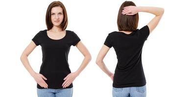 conceito de design e pessoas de t-shirt - close-up de jovem em t-shirt preta em branco, frente da camisa e costas isoladas. foto