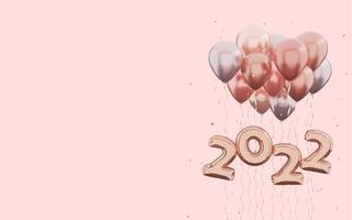Renderização 3D de ouro rosa feliz ano novo 2022 com fogos de artifício e confetes em fundo rosa