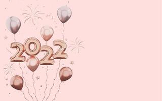 Renderização 3D de ouro rosa feliz ano novo 2022 com fogos de artifício e confetes em fundo rosa