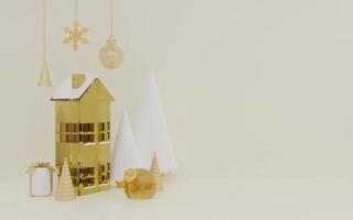 Renderização 3D de feliz natal dourado em fundo amarelo com enfeite foto