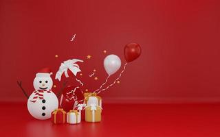 Feliz Natal 3D em fundo vermelho com boneco de neve foto