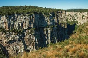 desfiladeiro do itaimbezinho com íngremes penhascos rochosos passando por um planalto plano coberto por mata próximo a cambará do sul. uma pequena cidade do sul do brasil com incríveis atrativos turísticos naturais. foto