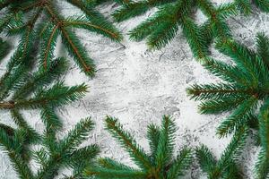 ano novo ou composição de Natal de ramos verdes de abeto em um fundo textural brilhante. foto