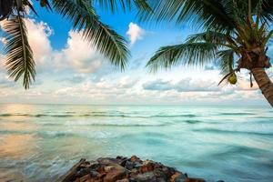 belo nascer do sol de manhã cedo sobre coqueiro com o mar, o horizonte na praia de chapéu chao lao em chanthaburi Tailândia. foto