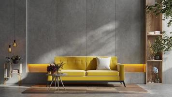 sofá amarelo e uma mesa de madeira no interior da sala de estar com planta, parede de concreto. foto
