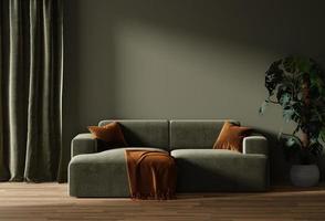 interior moderno em casa verde escuro com sofá e plantas marrons, renderização 3D foto