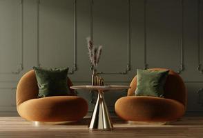 interior moderno em casa verde escuro com sofá e mesa marrons, renderização 3D foto