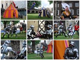 Londres, Reino Unido, 2014 - colagem de fotos de show gratuito de luta de cavaleiros no pátio da torre de londres.