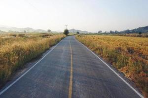 estradas rurais da tailândia entre a natureza de pastagens e agricultura e montanhas.