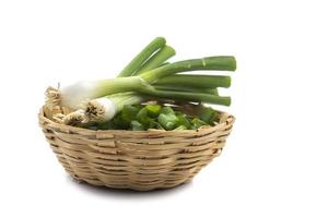Cebolinhas frescas maduras verdes cebolinhas ou cebolinhas com cebolas picadas em uma cesta no fundo branco foto