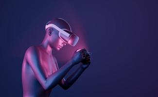 Menina 3D com óculos de realidade virtual brincando com o celular foto