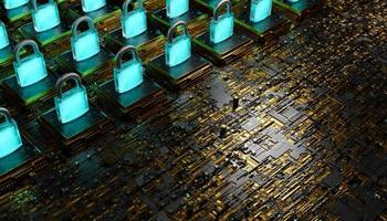 quadro eletrônico com microchips e cadeados luminosos na parte superior. conceito de blockchain