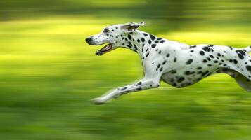 dálmata cachorro alegremente corrida às Alto Rapidez com uma verde borrado fundo. conceito do ativo animais de estimação, ao ar livre diversão, agilidade dentro animais, canino felicidade, movimento, borrão foto