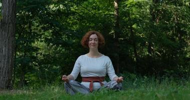 mulher praticando qigong e meditação em parque de verão ou floresta foto