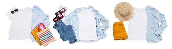 t-shirt branca mock up conjunto colagem de opções para camisetas brancas com acessórios de verão chapéu, jeans, tênis, shorts foto