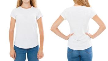 garota posando em conjunto de camiseta branca, espaço de cópia, camiseta em branco, camiseta vazia foto
